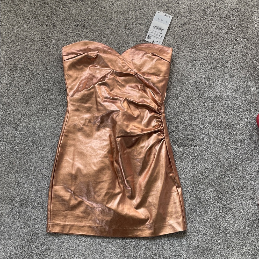 Zara Strapless Metallic Copper Dress